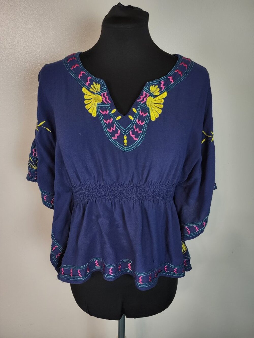 Forever 21 Festival Boho‎ Small Navy Blue Embroidered Poncho Sleeve Smocked Top